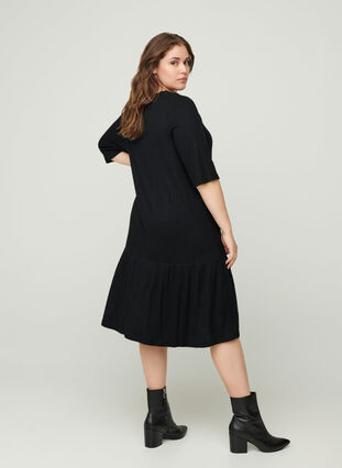 Geribbelde jurk met halflange mouwen, Black, Model image number 1