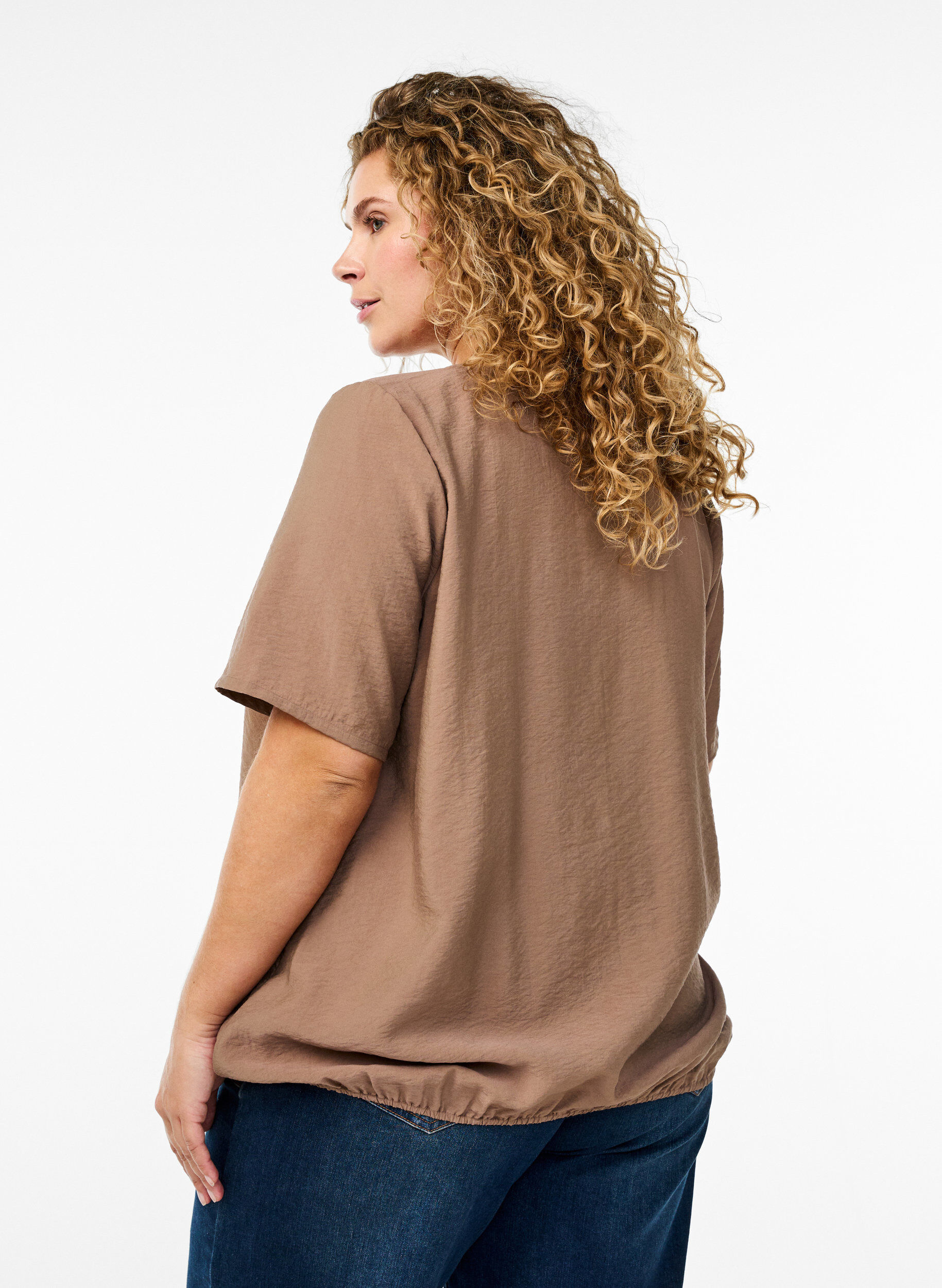 Zizzi Blouse met korte mouwen en elastische zoom, Bruin, Model image number 2