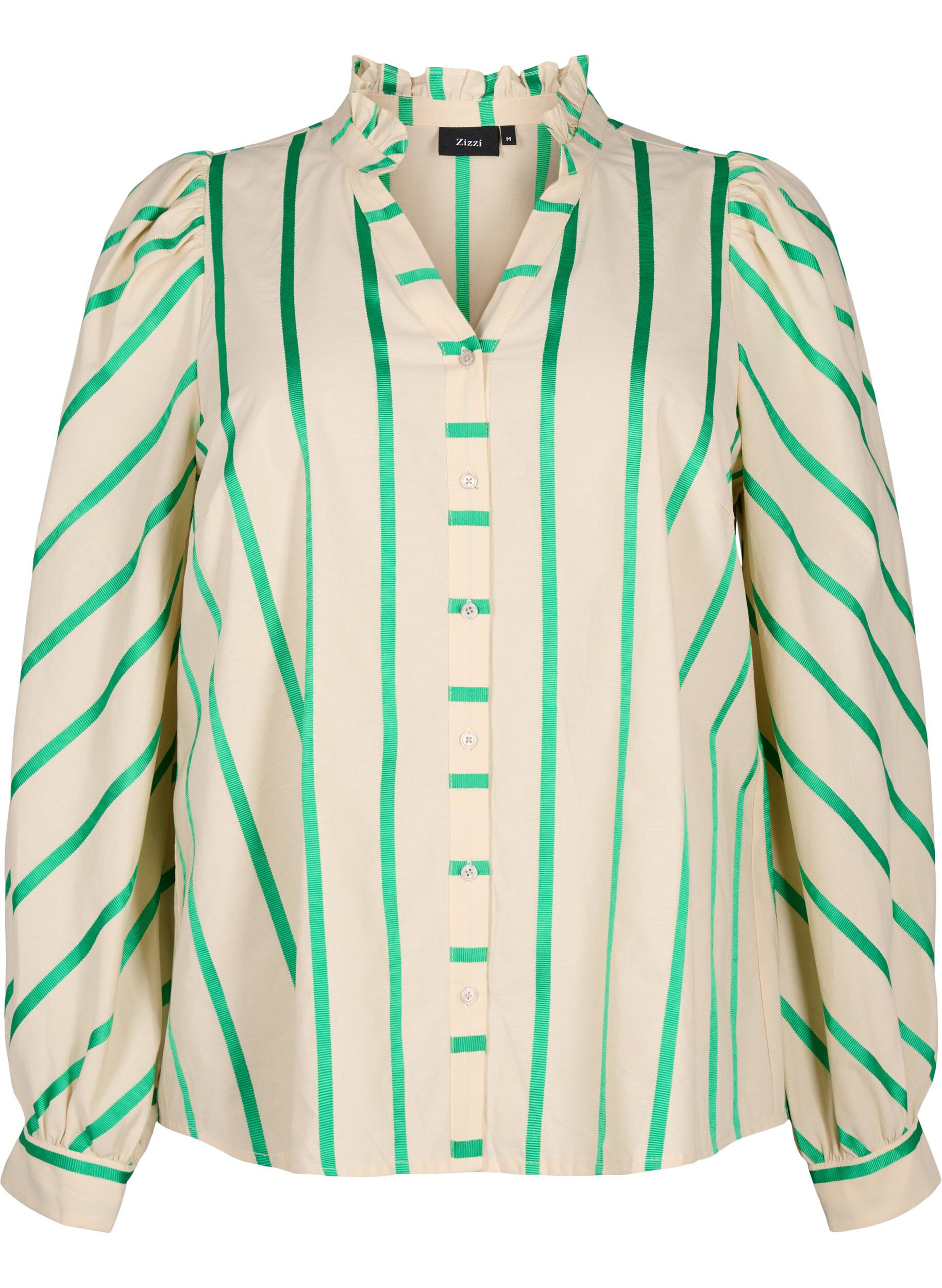 Zizzi Katoenen overhemdblouse met strepen en kraag met ruches, Beige Green Stripe, Packshot image number 0