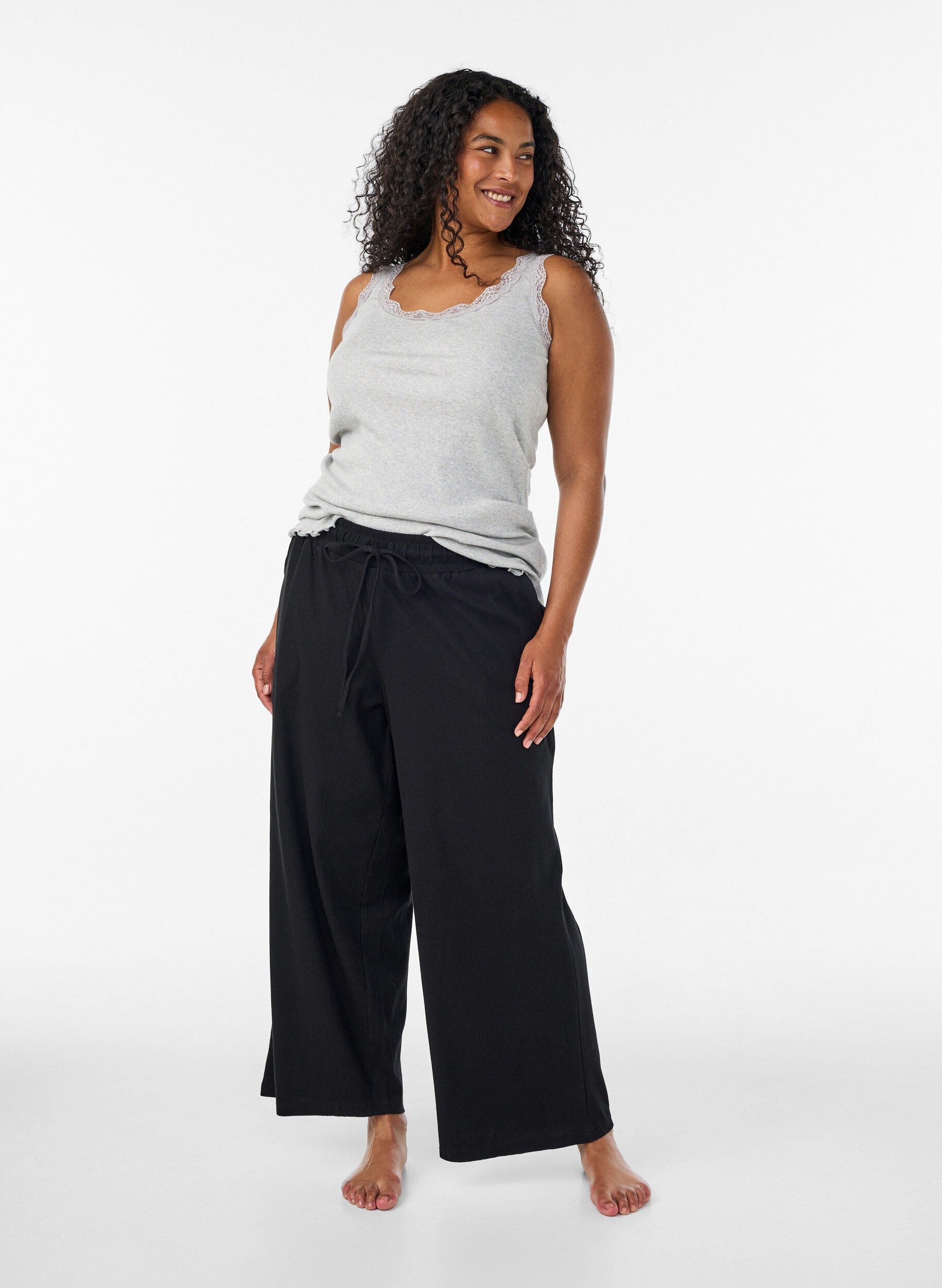 ZizziGeribde pyjamabroek met rechte pijpen, Zwart, Model image number 0