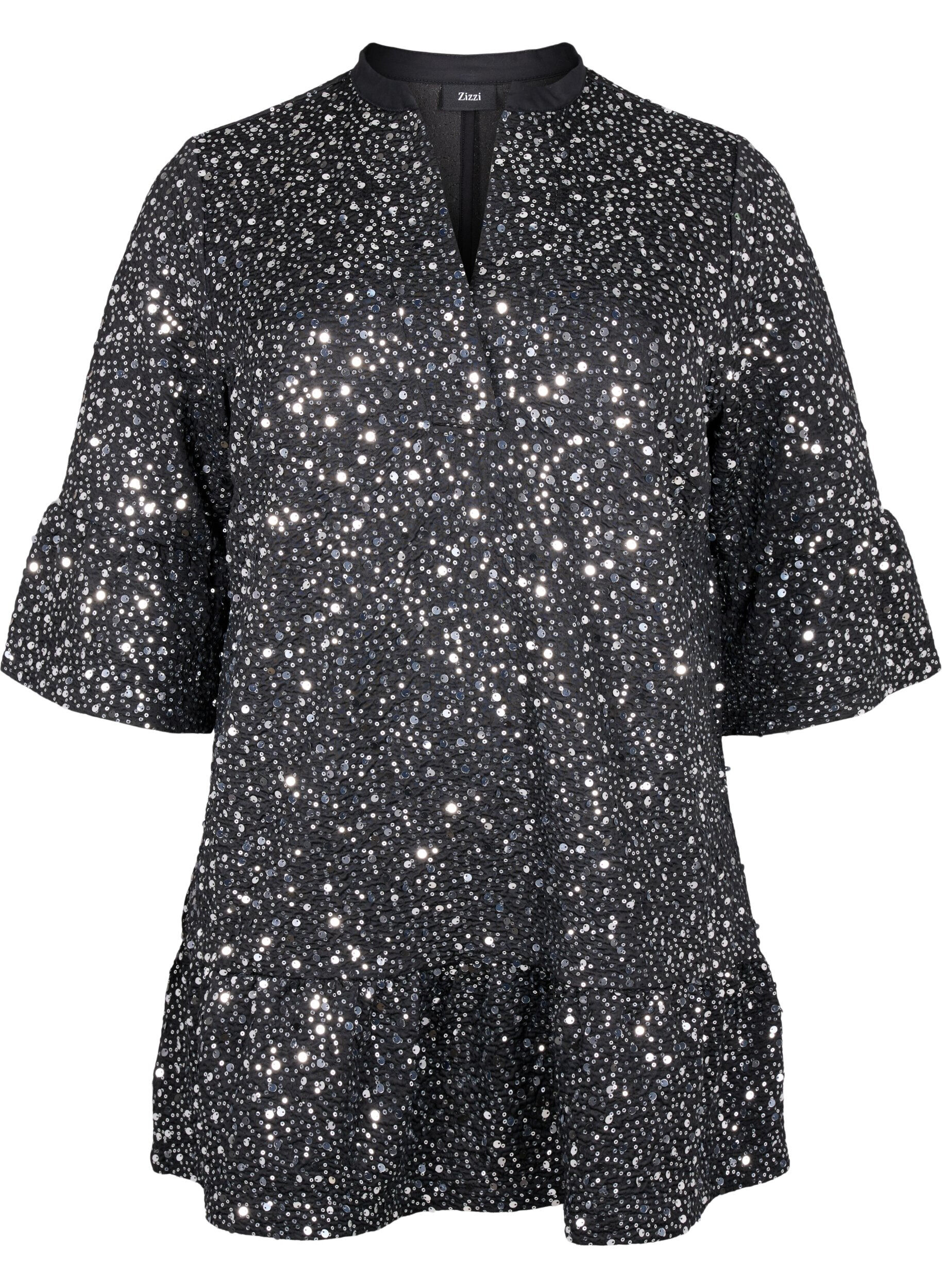 Zizzi Paillettenjurk met V-hals en 3/4 mouwen, Black w. Sequins, Packshot image number 0