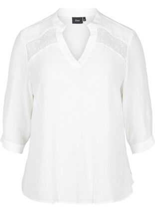 Viscose blouse met 3/4 mouwen en kant detail, Bright White, Packshot image number 0