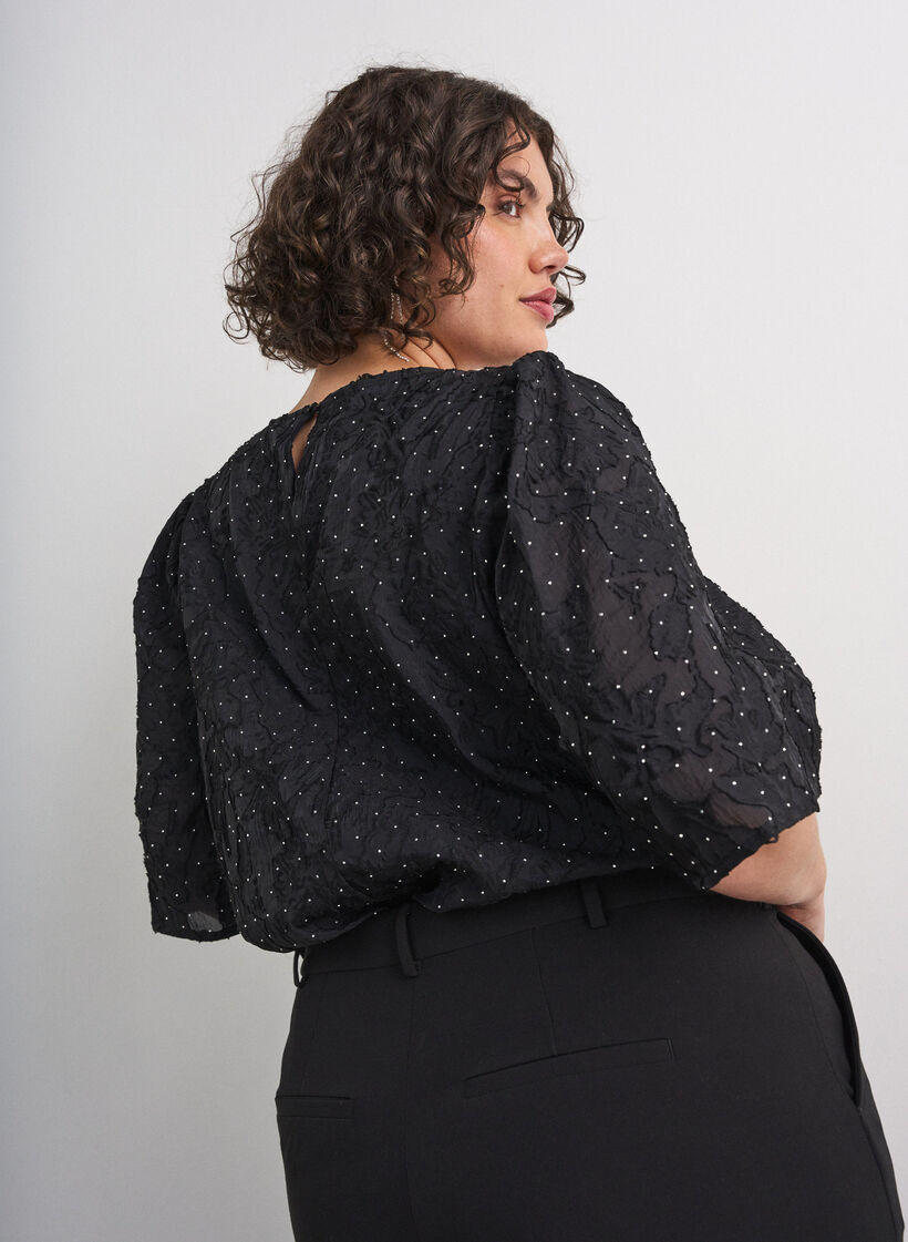 Jacquard blouse met sprankelende details en pofmouwen, Zwart, Model image number 2