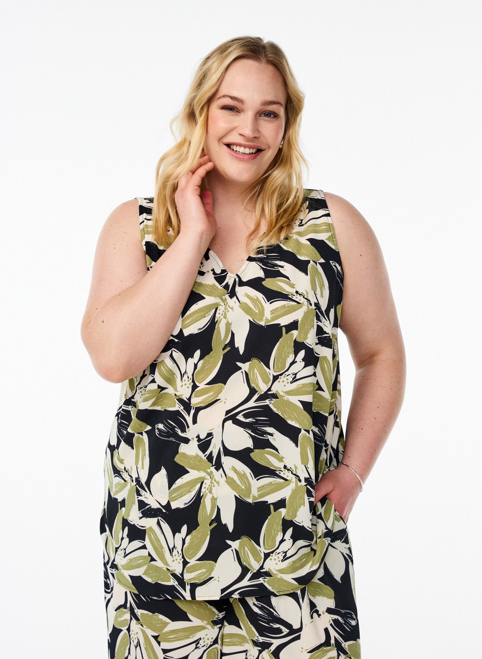 Top met print en V-hals, Zwart, Model