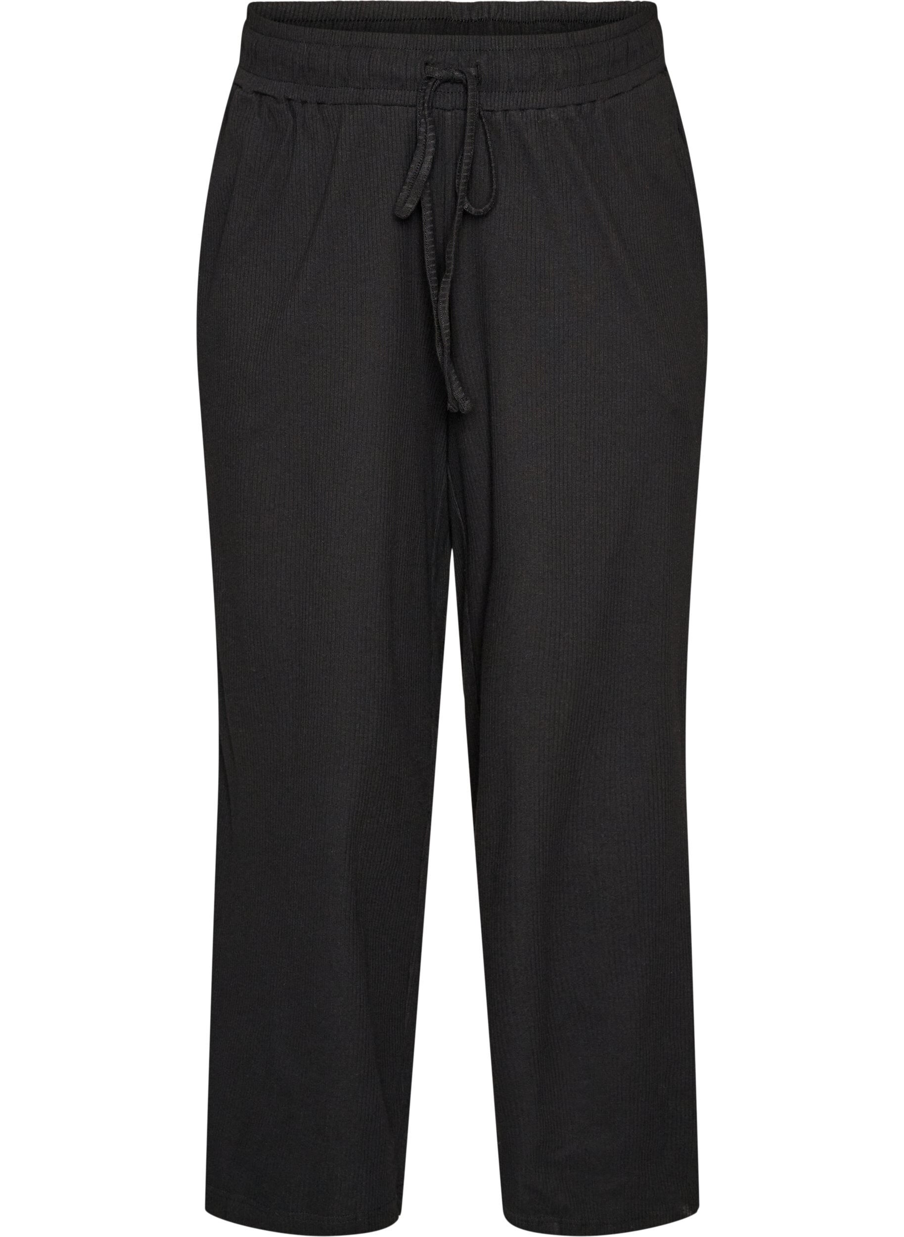ZizziGeribde pyjamabroek met rechte pijpen, Zwart, Packshot image number 0