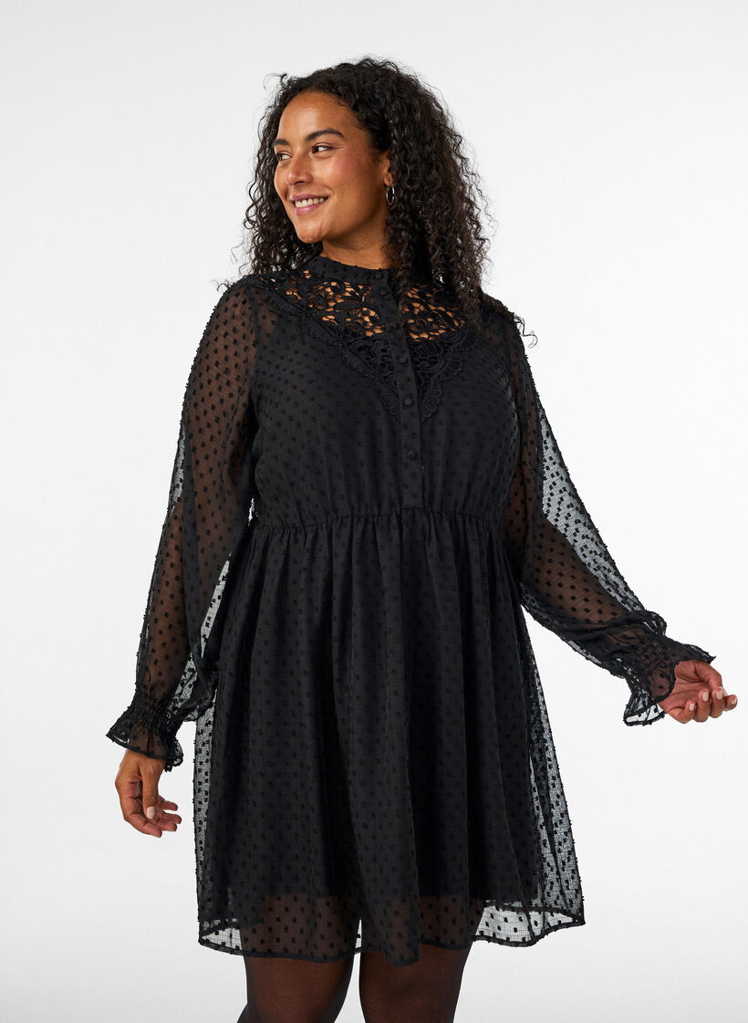 Chiffonjurk met guipure kant en empire-lijn, Zwart, Model image number 0