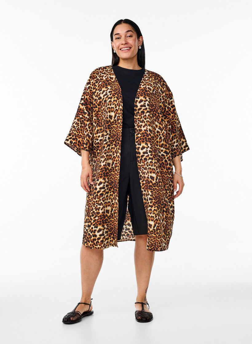 Kimono van viscose met 3/4 mouwen, Bruin, Model image number 1