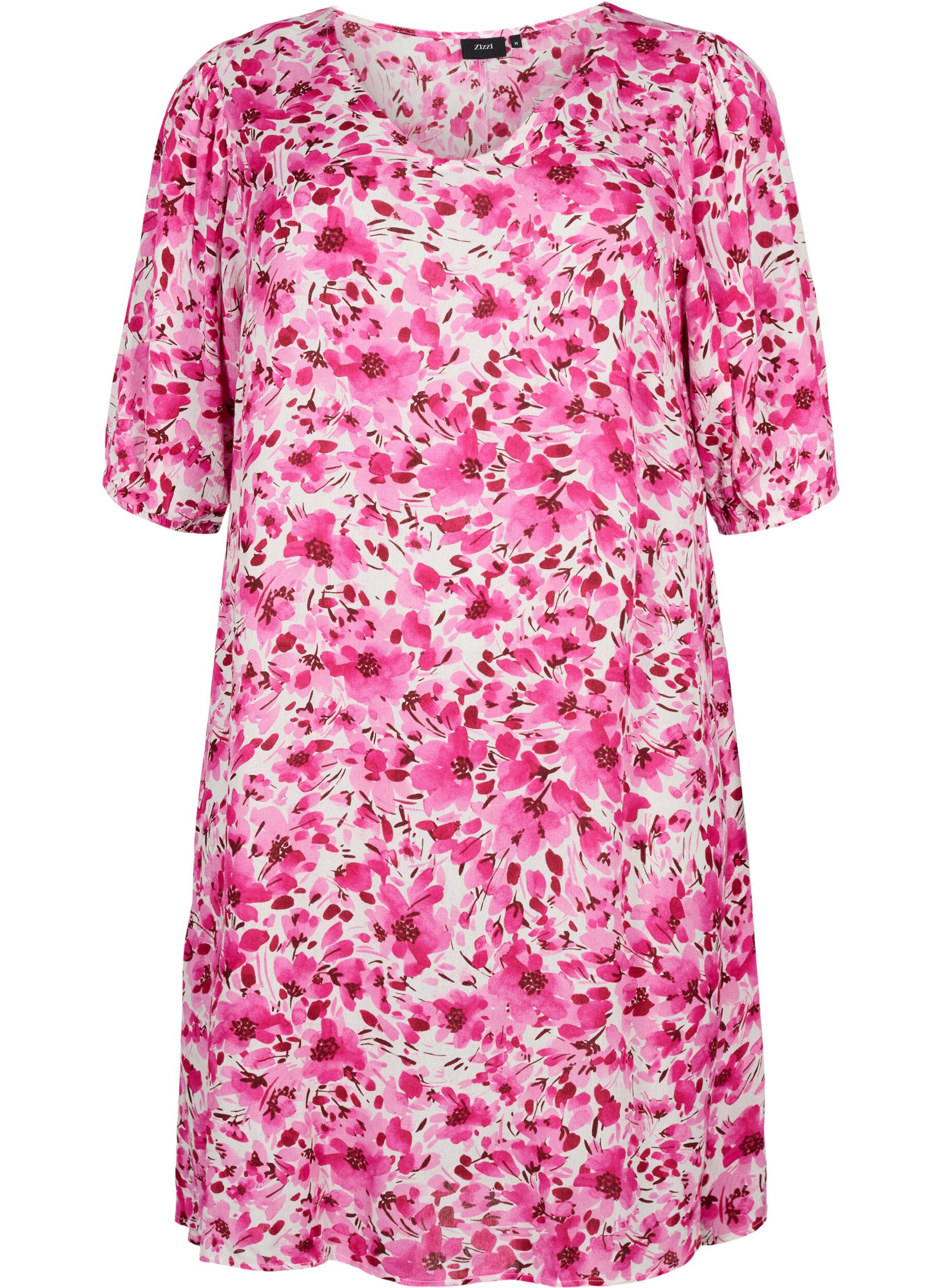 Zizzi Gebloemde viscose jurk met a-vorm, Pink Flower Rain, Packshot image number 0