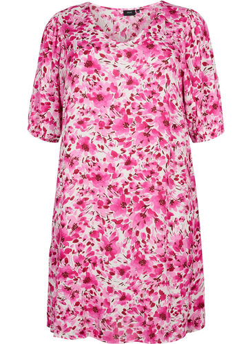 Gebloemde viscose jurk met a-vorm, Pink Flower Rain, Packshot image number 0