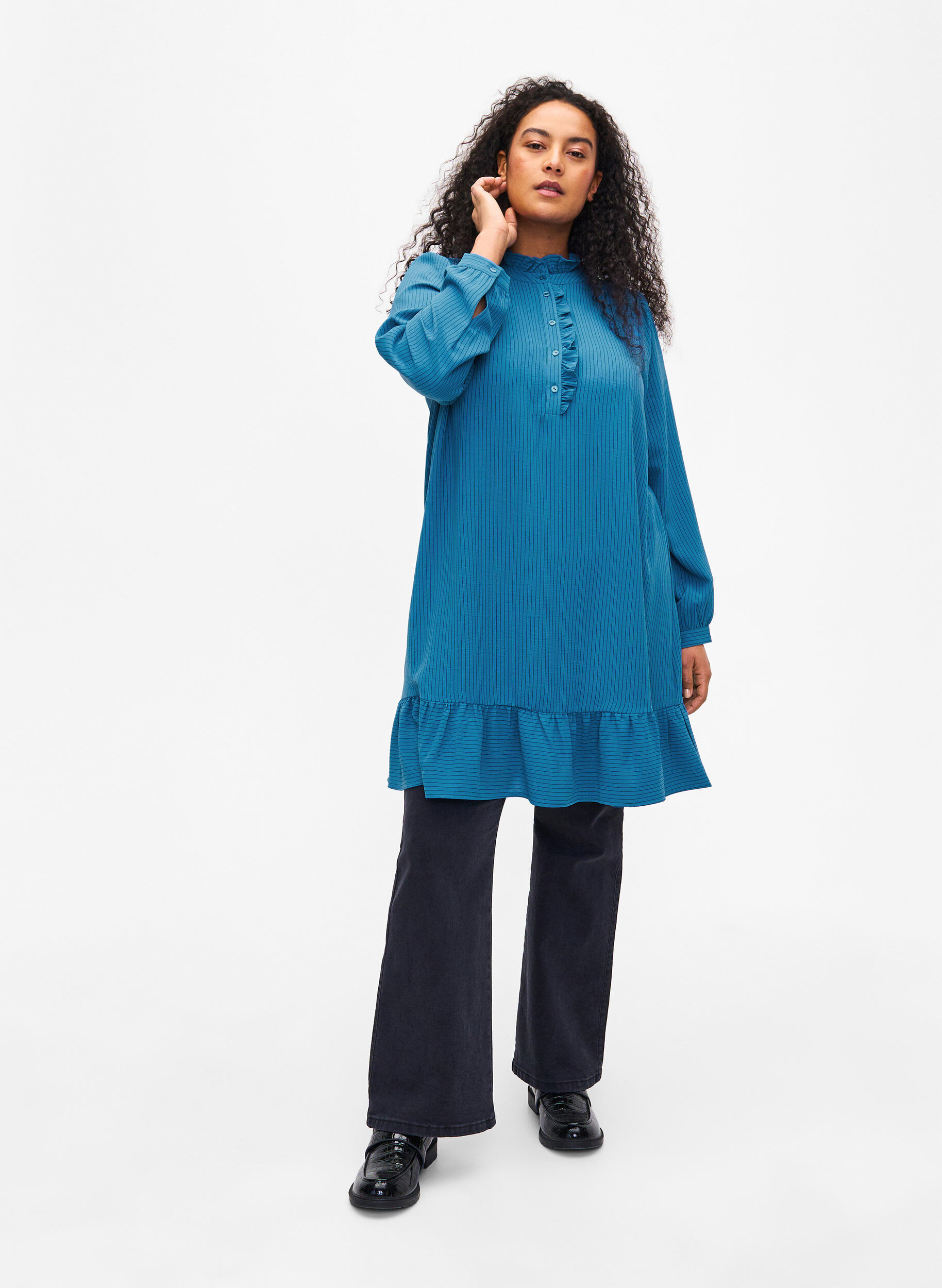 Zizzi Gestreepte jurk met ruches, Blauw, Model image number 1