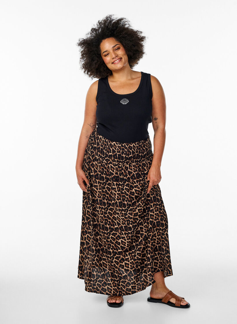 Maxi rok in viscose met smokwerk, Bruin, Model image number 0