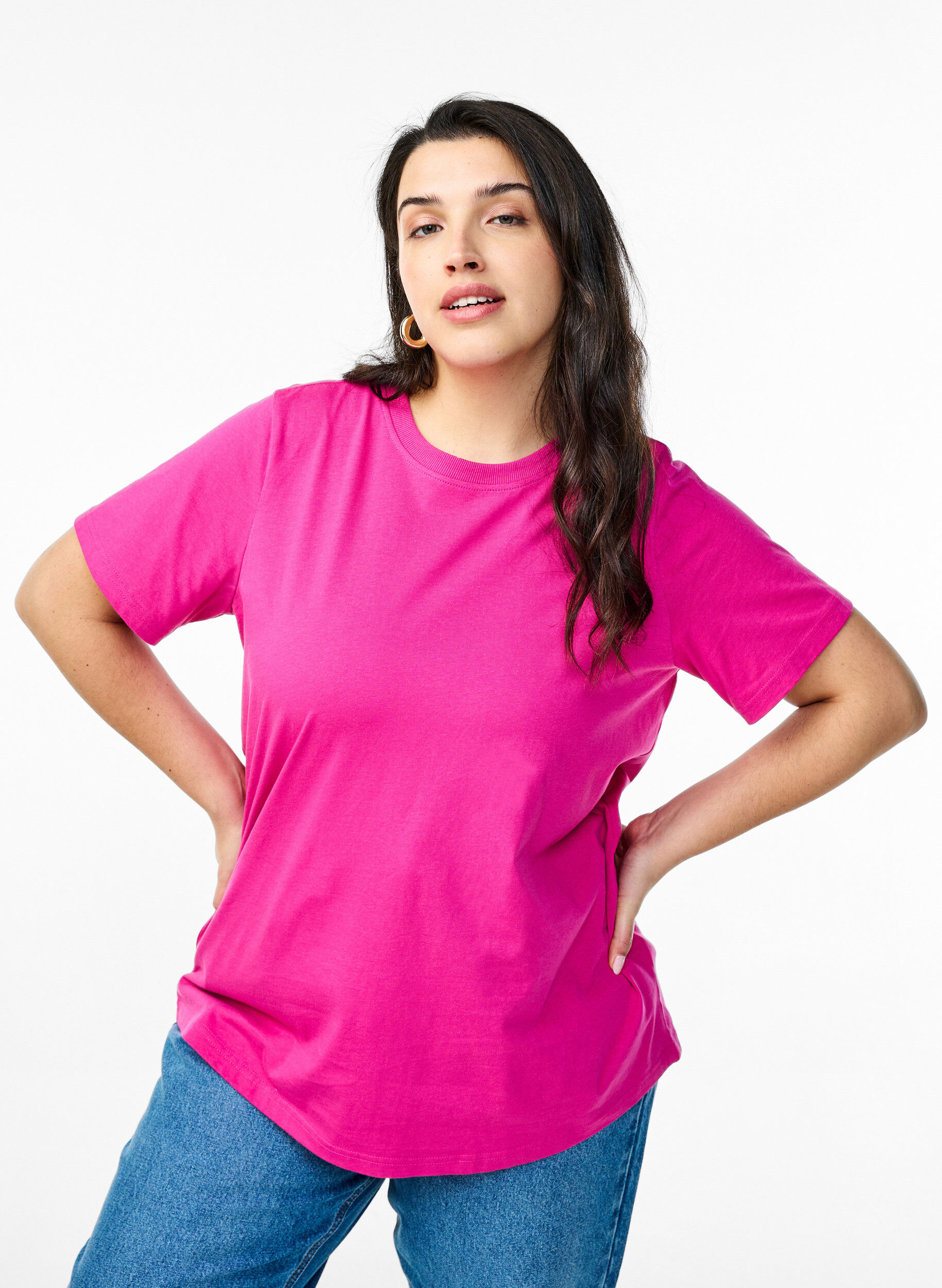 Zizzi Basic katoenen T-shirt met ronde hals, Roze, Model image number 0
