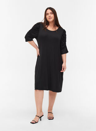 Effen viscose jurk met 2/4 mouwen , Black, Model image number 3