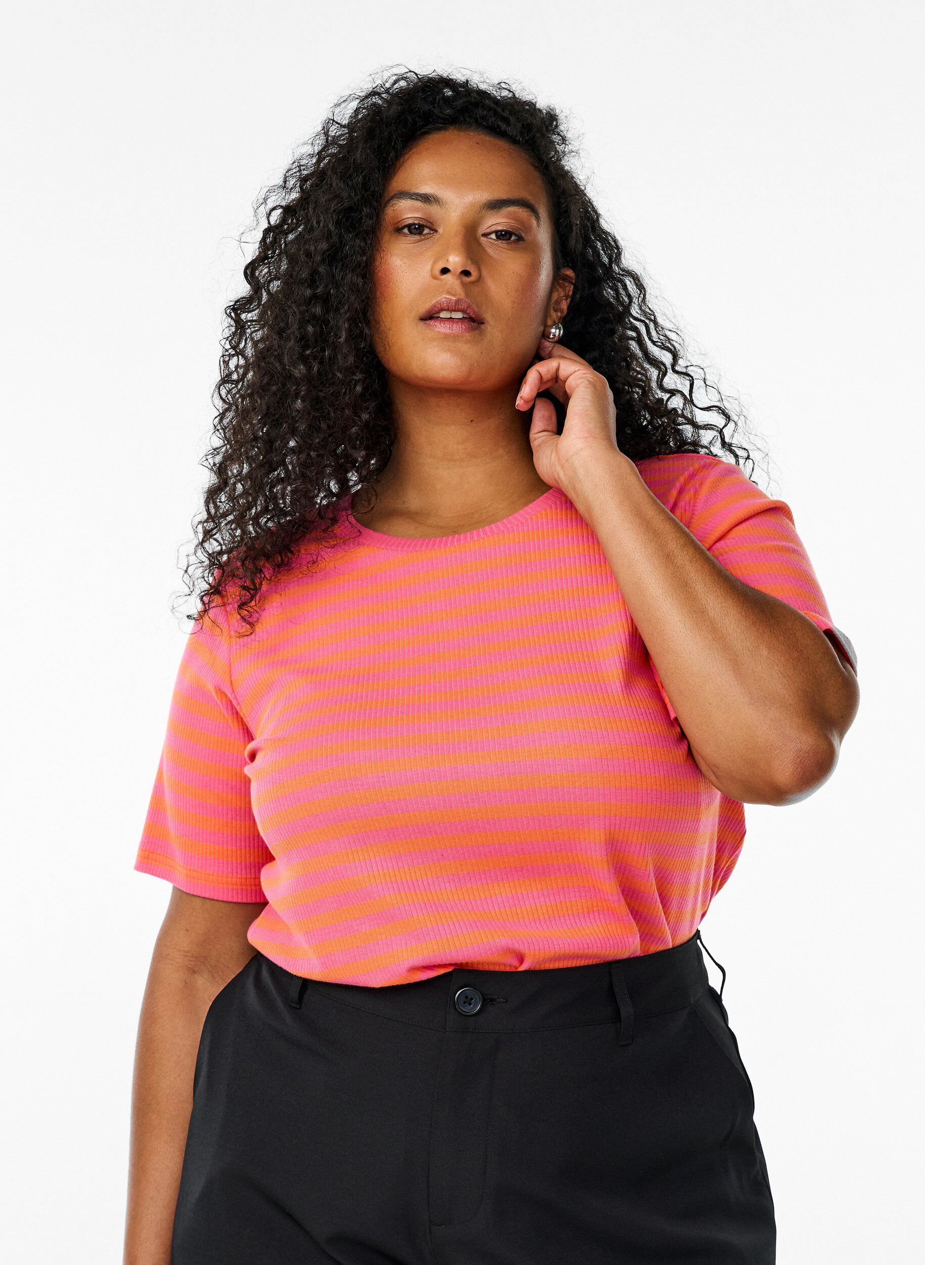 Zizzi Gestreept T-shirt met geribbelde textuur, Oranje, Model image number 0