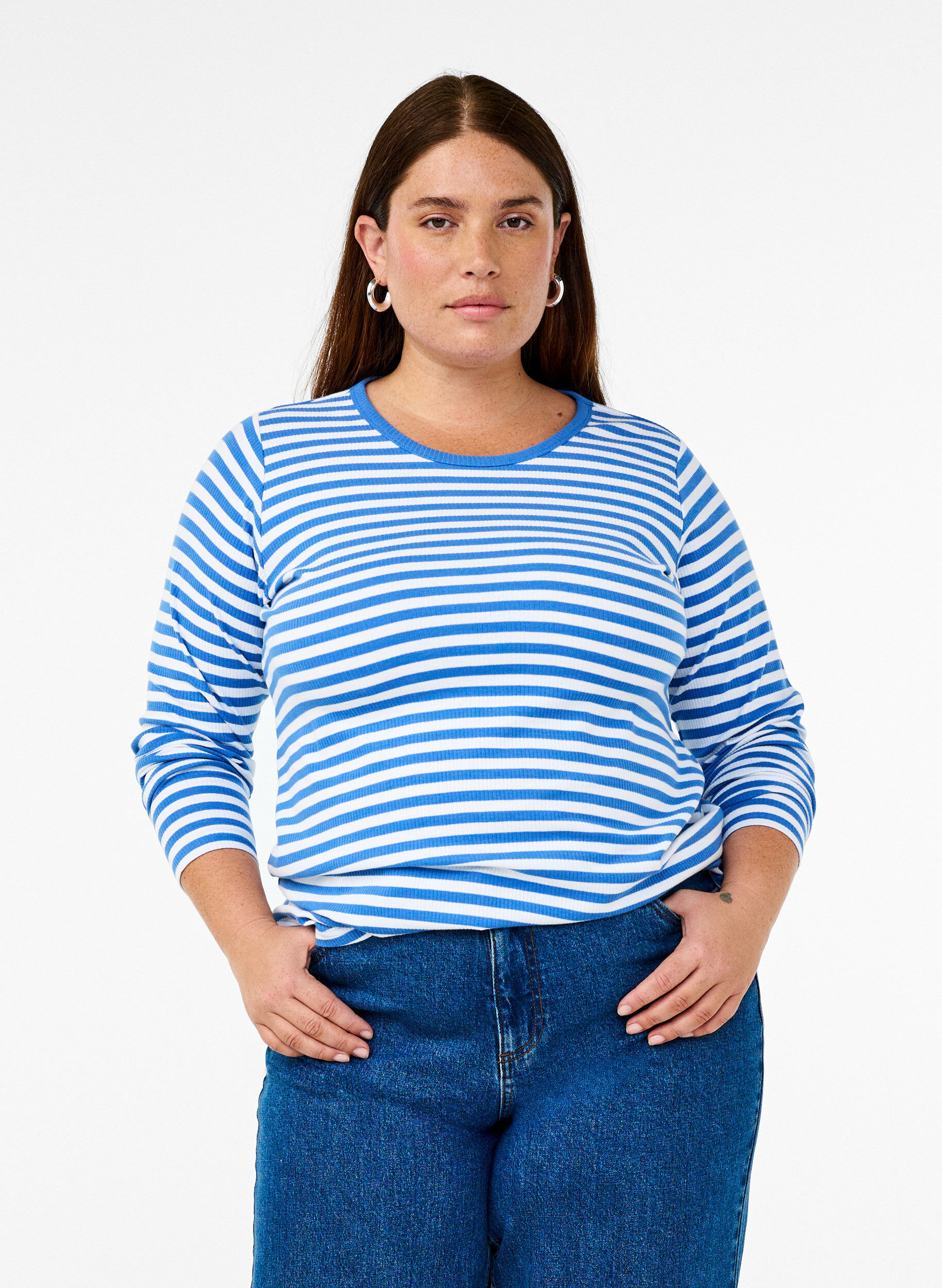 Zizzi Gestreepte blouse met lange mouwen, Blauw, Model image number 0
