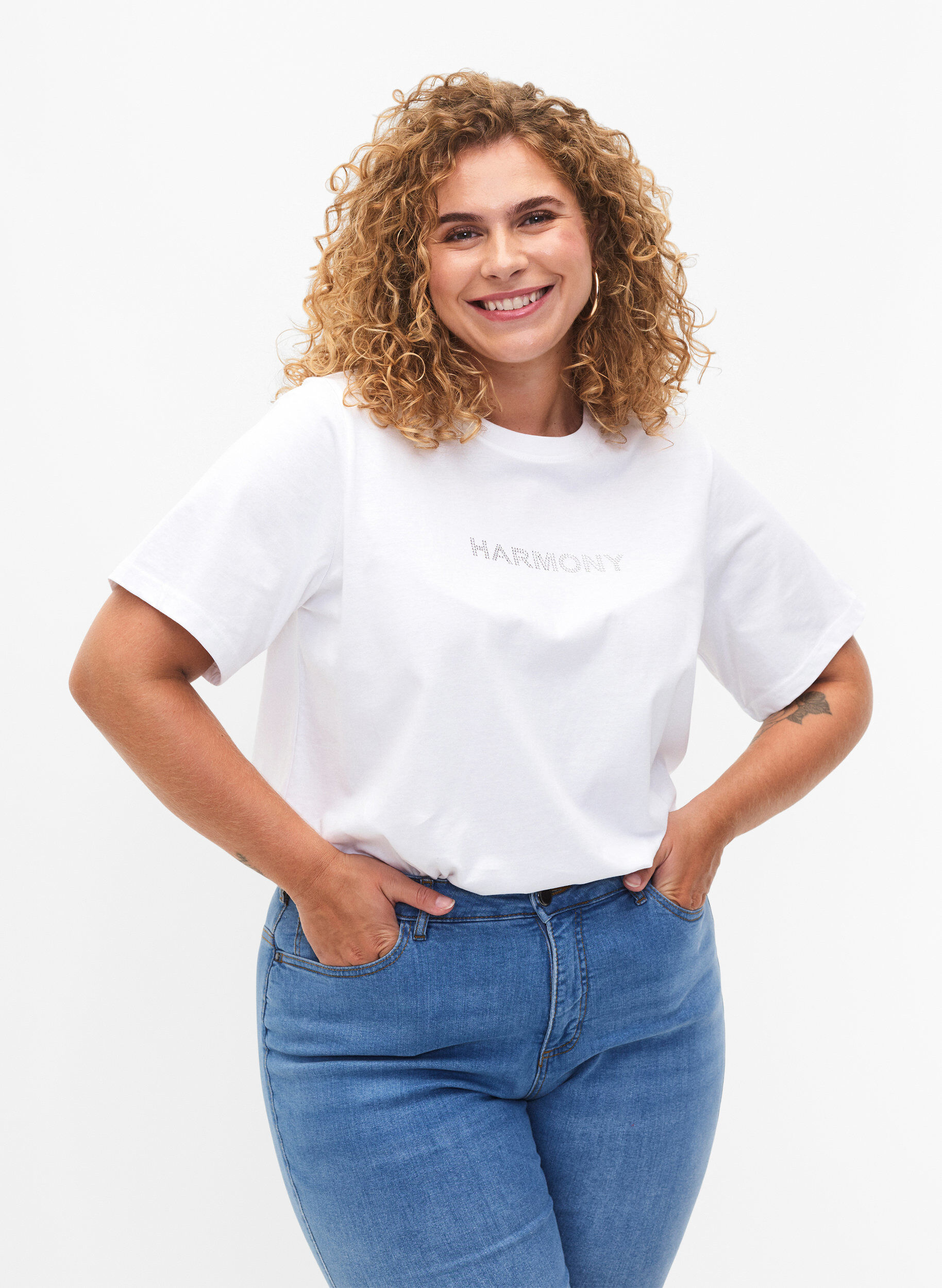Zizzi T-shirt van biologisch katoen met tekst, White HARMONY, Model image number 0