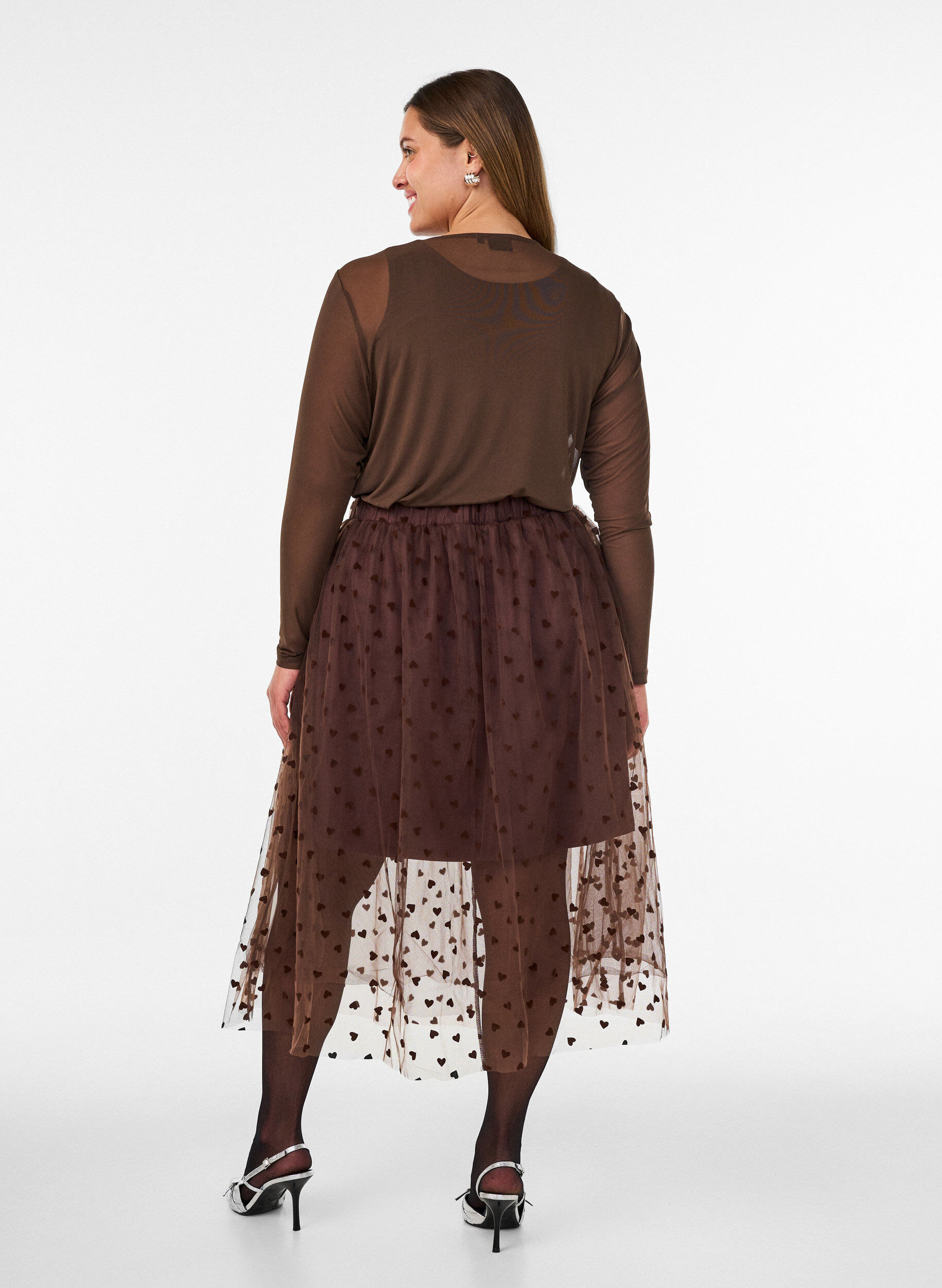 ZizziMidi-tule rok met hartjes, Bruin, Model image number 2