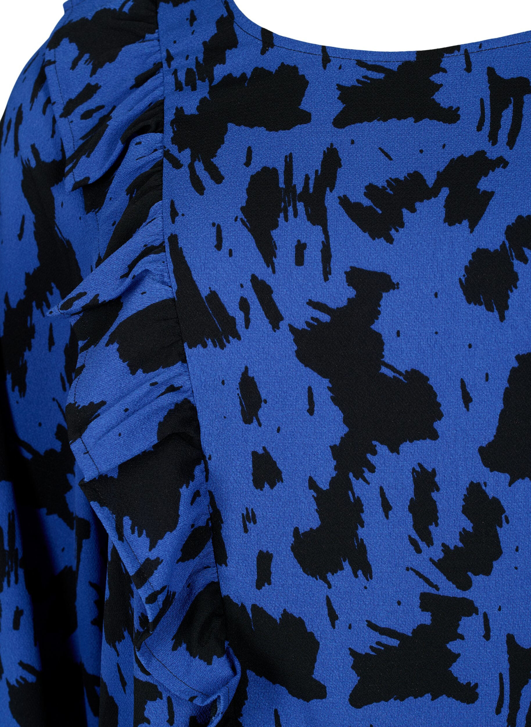 Zizzi Blouse met lange mouwen en ruches, Black Blue AOP, Packshot image number 2