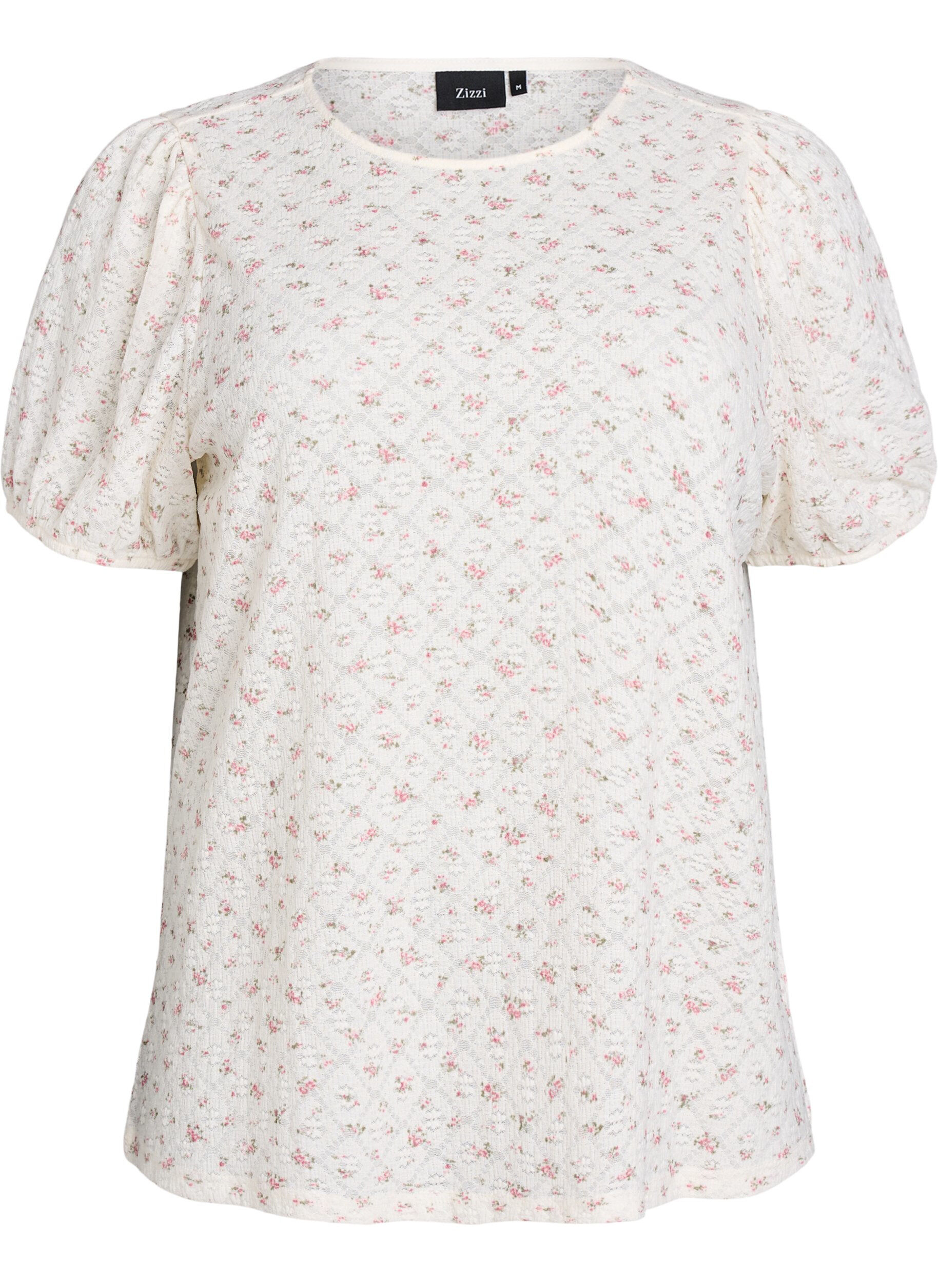 Zizzi Jersey blouse met korte mouwen en bloemenprint, Wit, Packshot image number 0
