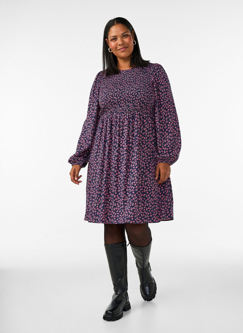 Jurk met een gesmokte top en fijn bloemetjespatroon, Blauw, Model image number 1