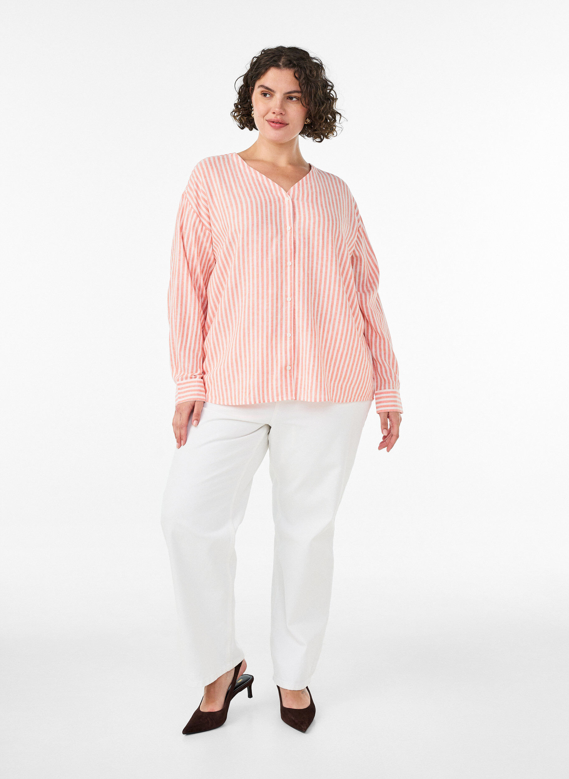 ZizziBlouse in linnen en viscose met V-hals, Oranje, Model image number 1