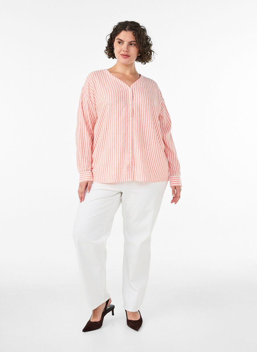 Blouse in linnen en viscose met V-hals, Oranje, Model image number 1