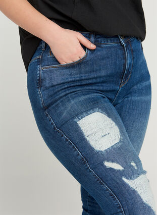 Amy jeans met hoge taille en slijtage, Blue denim, Model image number 2