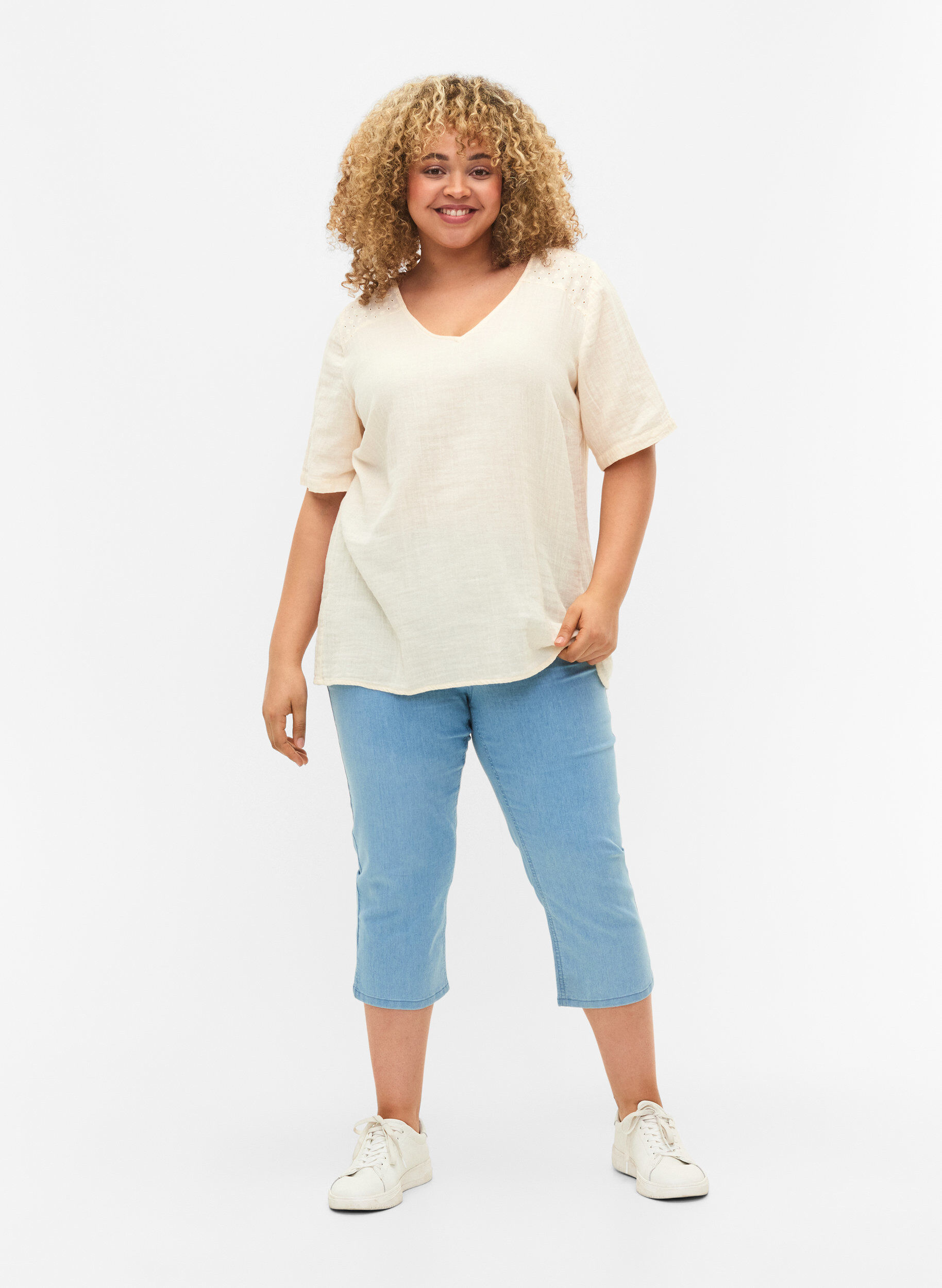 Zizzi Driekwart broek in katoenmix, Light blue denim, Model image number 0