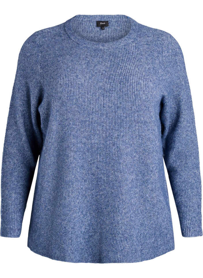Gem&ecirc;leerde gebreide blouse met ronde hals, Blauw, Packshot image number 0