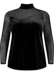 Fluwelen blouse met lange netmouwen	, Black, Packshot