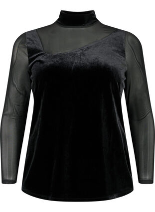 Fluwelen blouse met lange netmouwen	, Black, Packshot image number 0