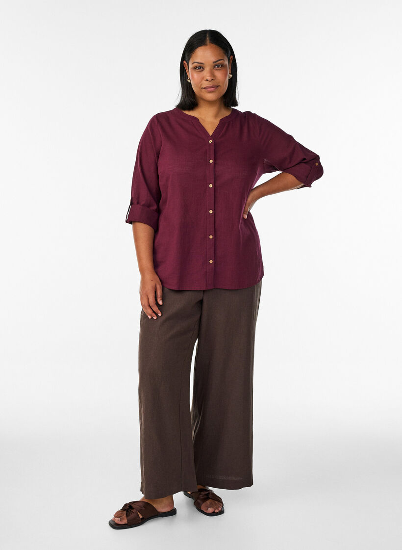 Wijde linnen en viscose broek, Bruin, Model image number 0