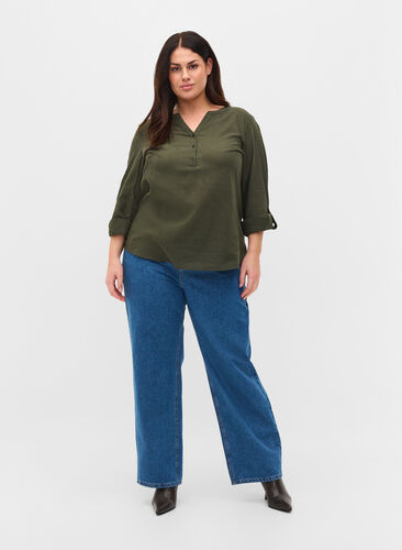 Straight jeans met hoge taille, Blue denim, Model image number 0