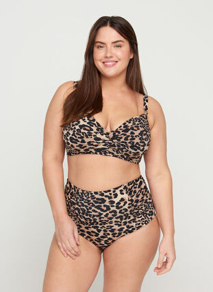 Bikinibroekje met hoge taille en bloemenprint, Leopard Print, Model image number 0