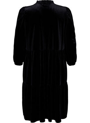 Velours jurk met ruche kraag en 3/4 mouwen, Black, Packshot image number 1