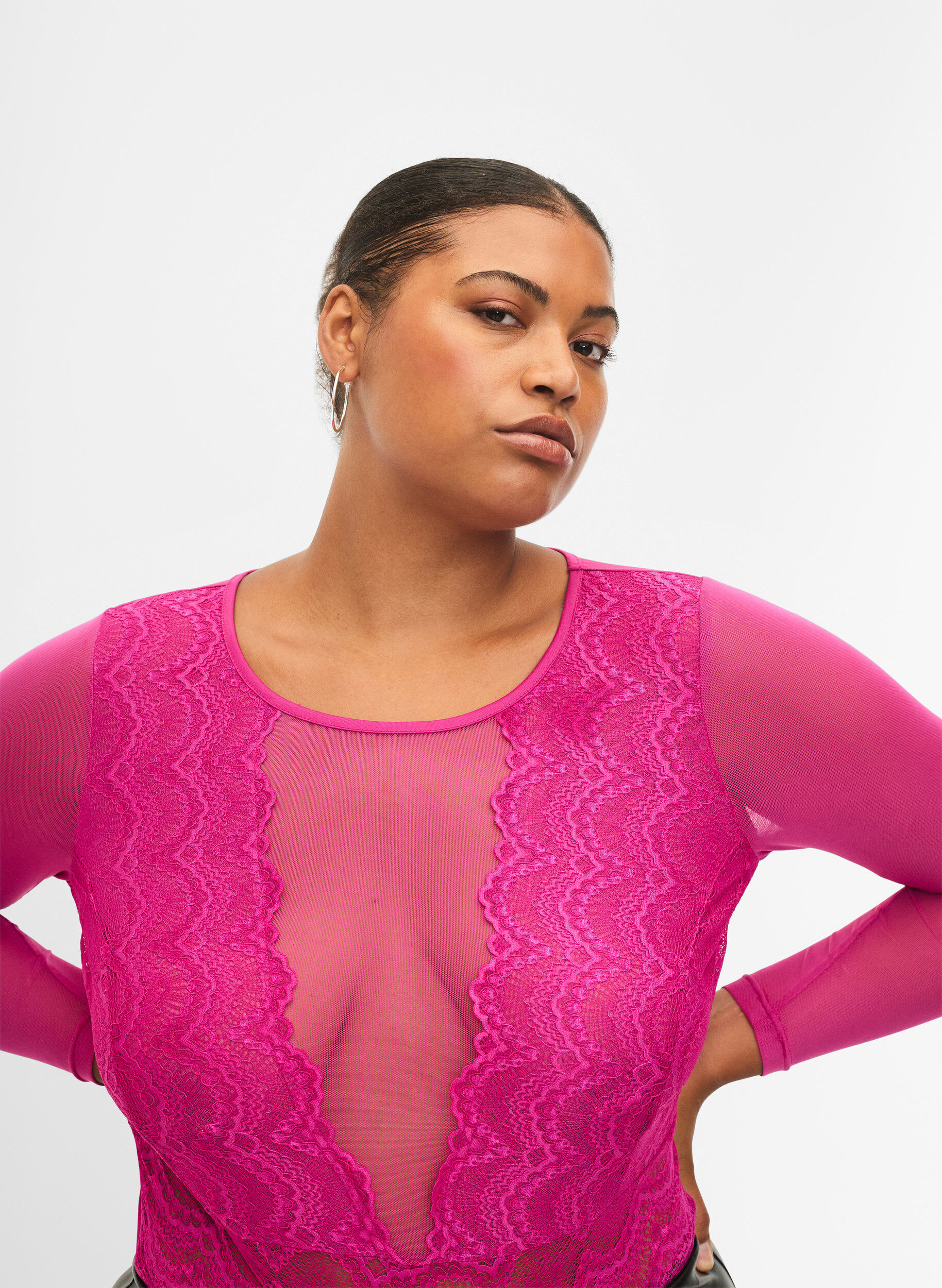 Zizzi Bodystocking met kant en mesh, Fuchsia Red, Model image number 2