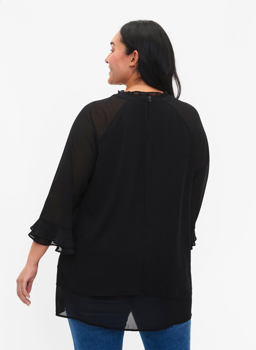 Blouse met asymmetrische onderkant en 3/4 mouwen, Black, Model image number 1