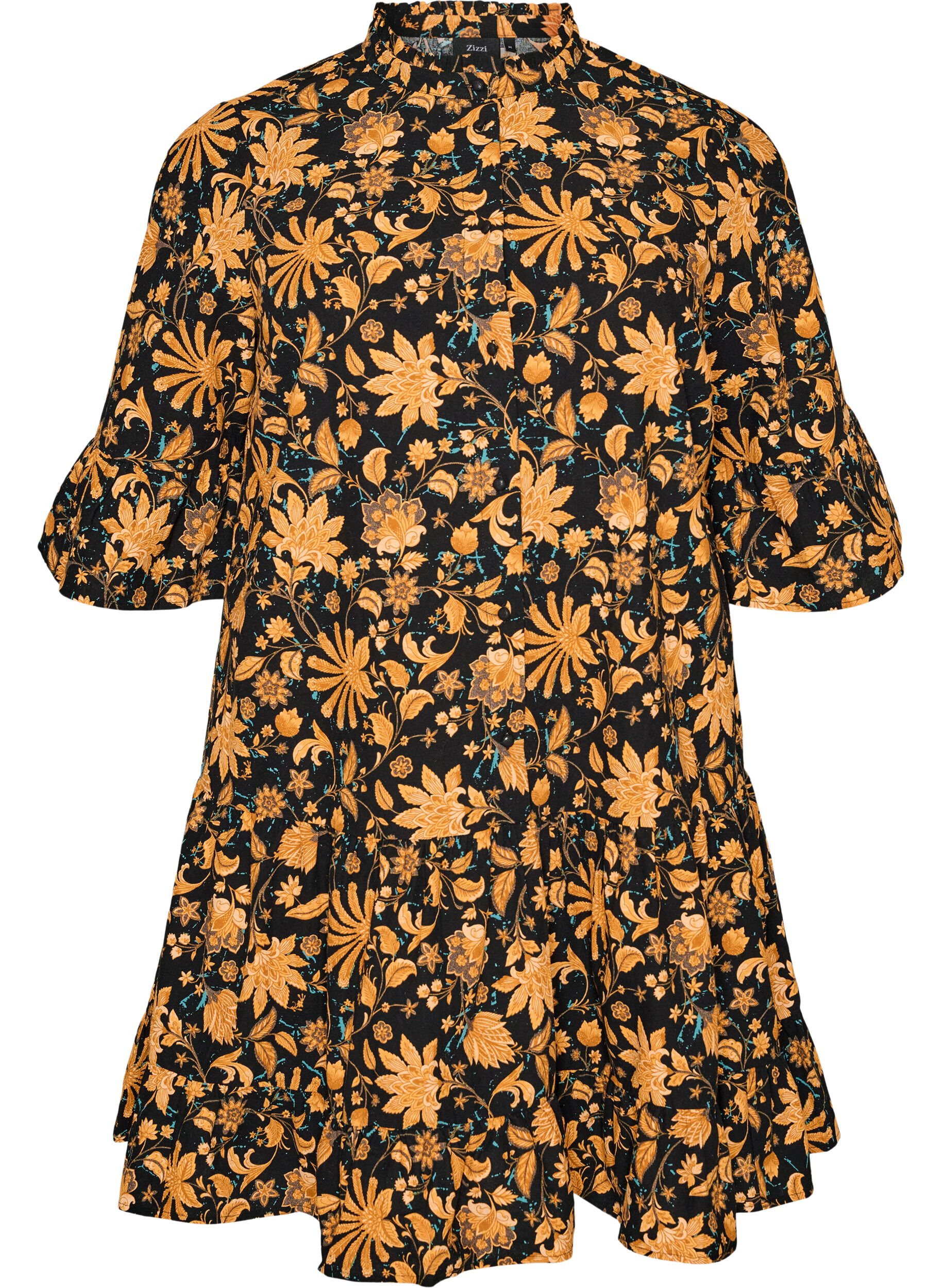ZizziKatoenen bloemenjurk met ruchedetails en een losse A-lijn vorm, Oranje, Packshot image number 0