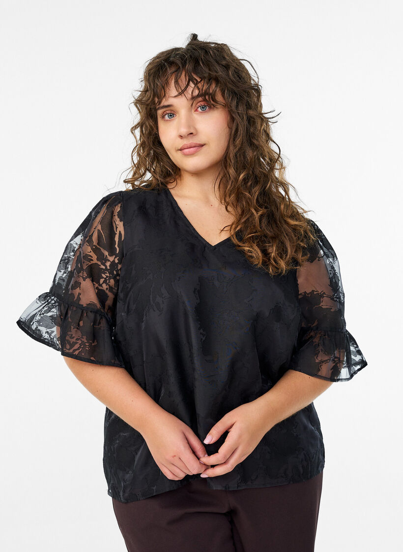 Feestelijke blouse in organza-look met ton-sur-ton patroon, Zwart, Model image number 0