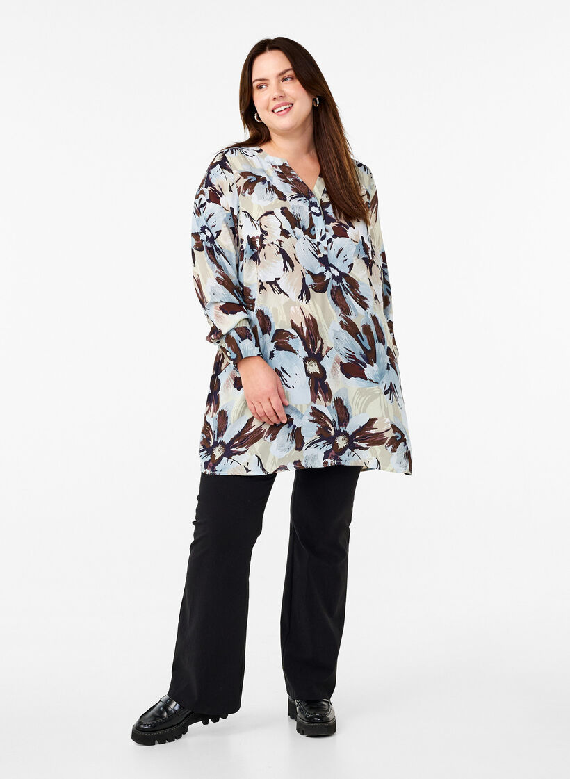 Tuniek met lange mouwen en print, Grey Flower AOP, Model image number 2