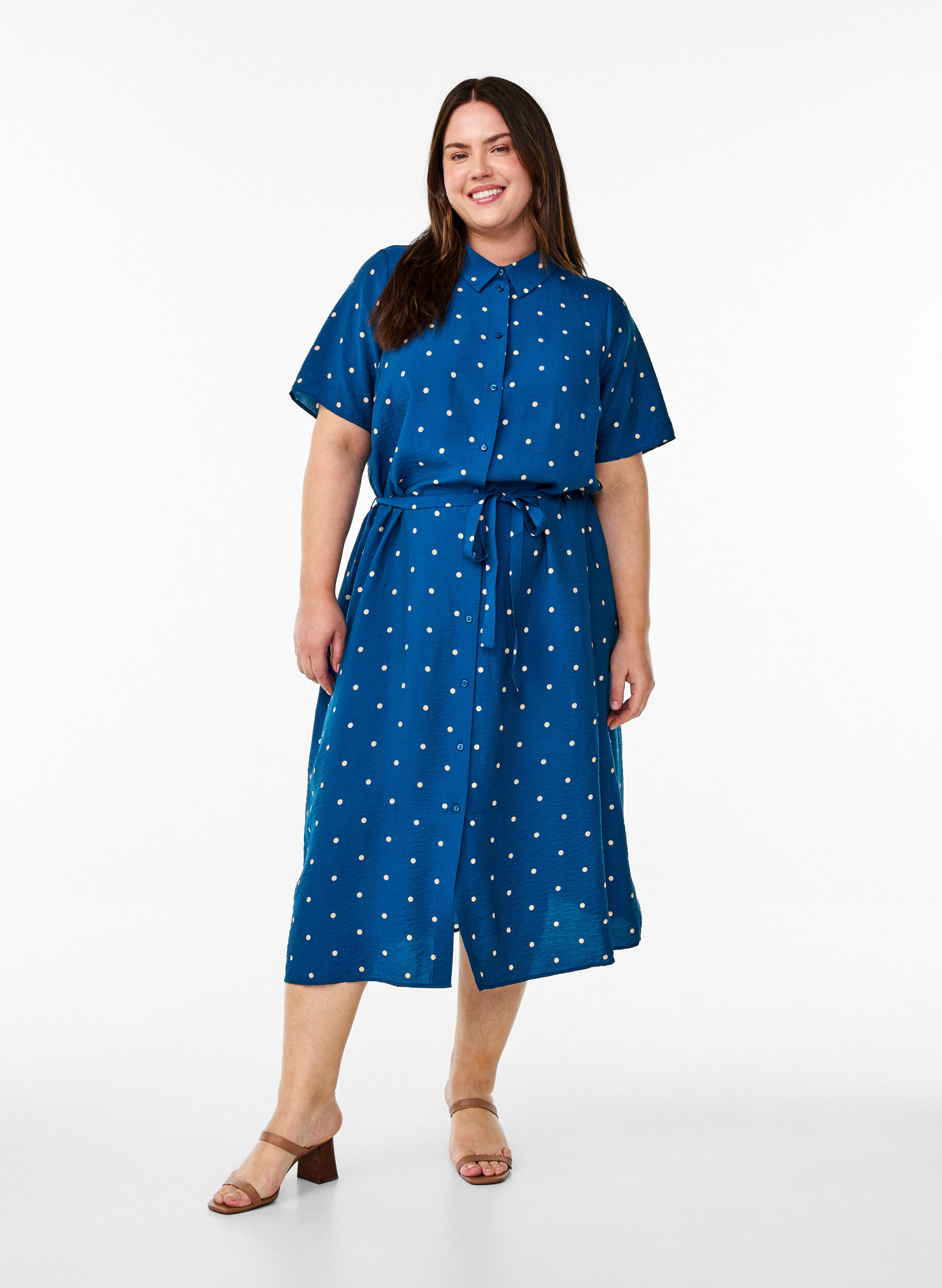 Zizzi Midi overhemdjurk met stippen, Blauw, Model image number 1