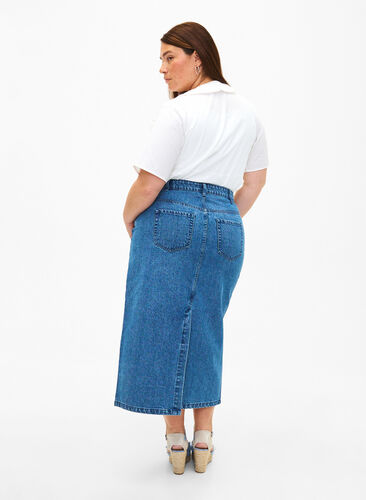 Halflange denim rok met split aan de achterkant, Denim Blue, Model image number 1