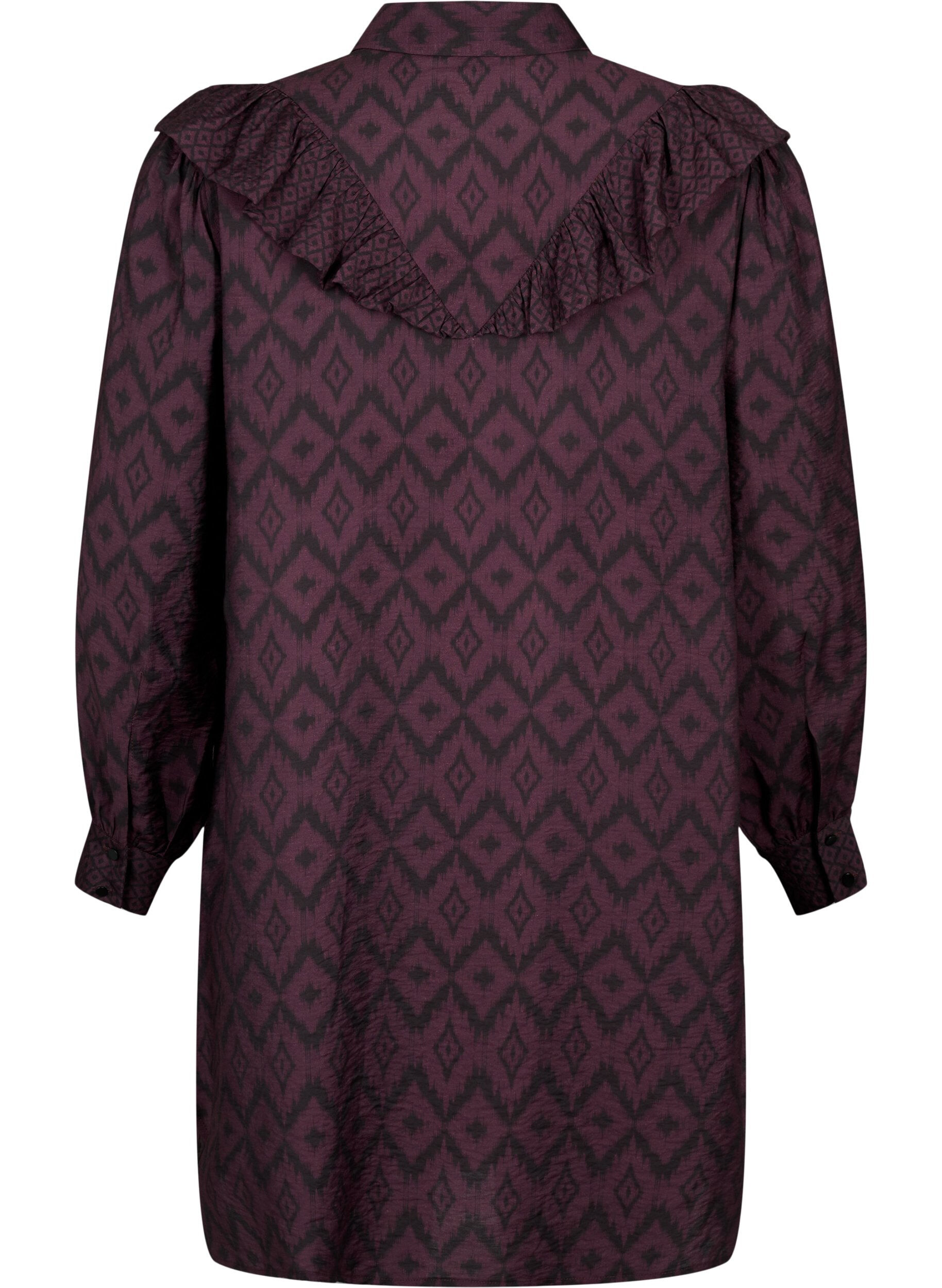 Zizzi Lange viscose shirt met print en franjes, Winetasting w. Black, Packshot image number 1