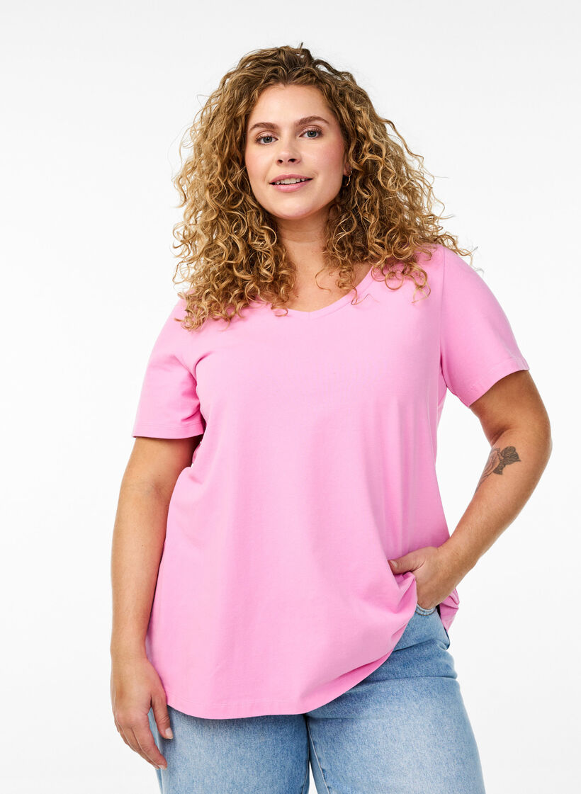 Effen basic katoenen T-shirt, Roze, Model image number 0