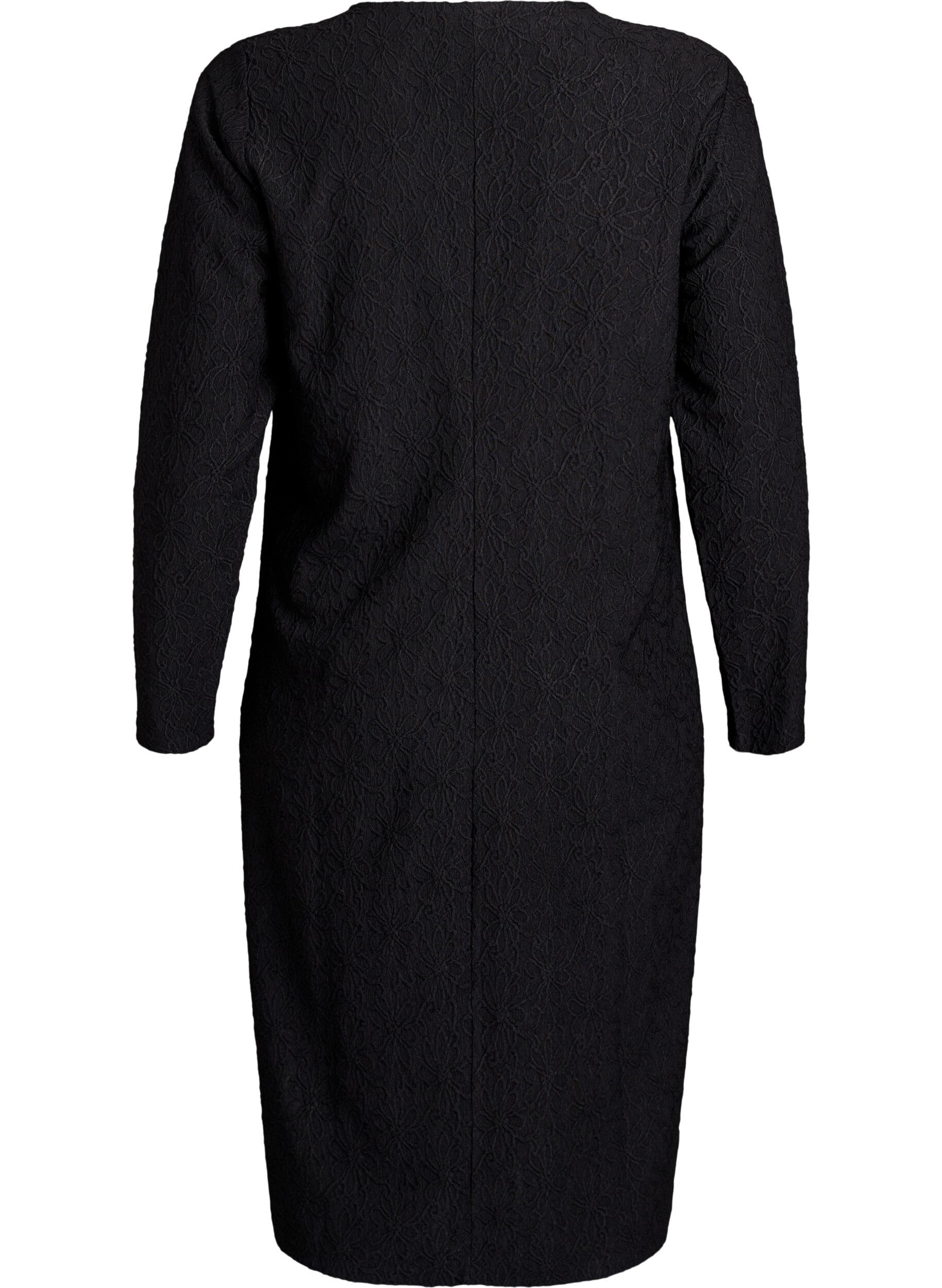 Zizzi Gebloemde textuurjurk met lange mouwen, Zwart, Packshot image number 1