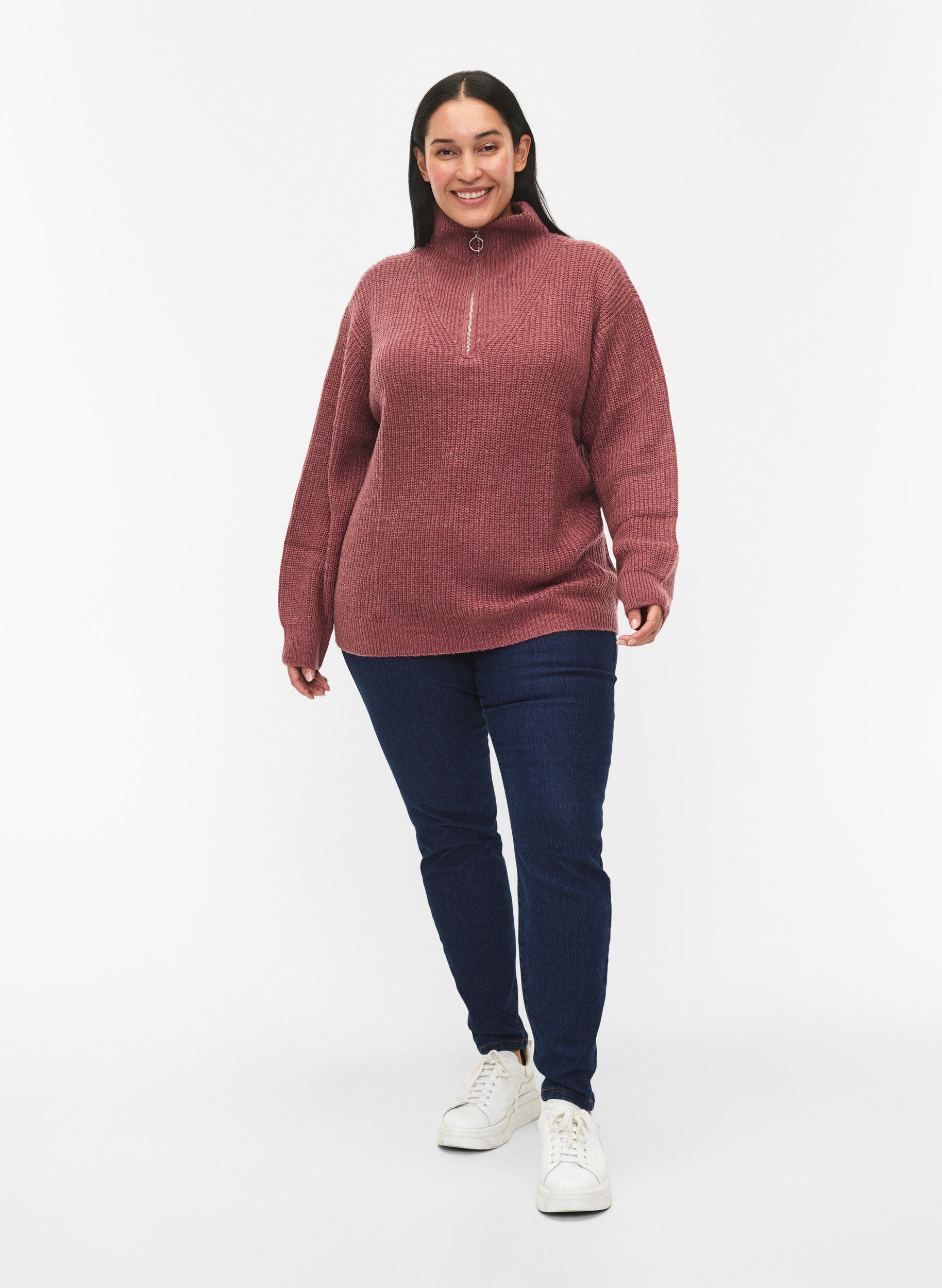 ZizziGebreide trui met hoge hals en rits, Rood, Model image number 1