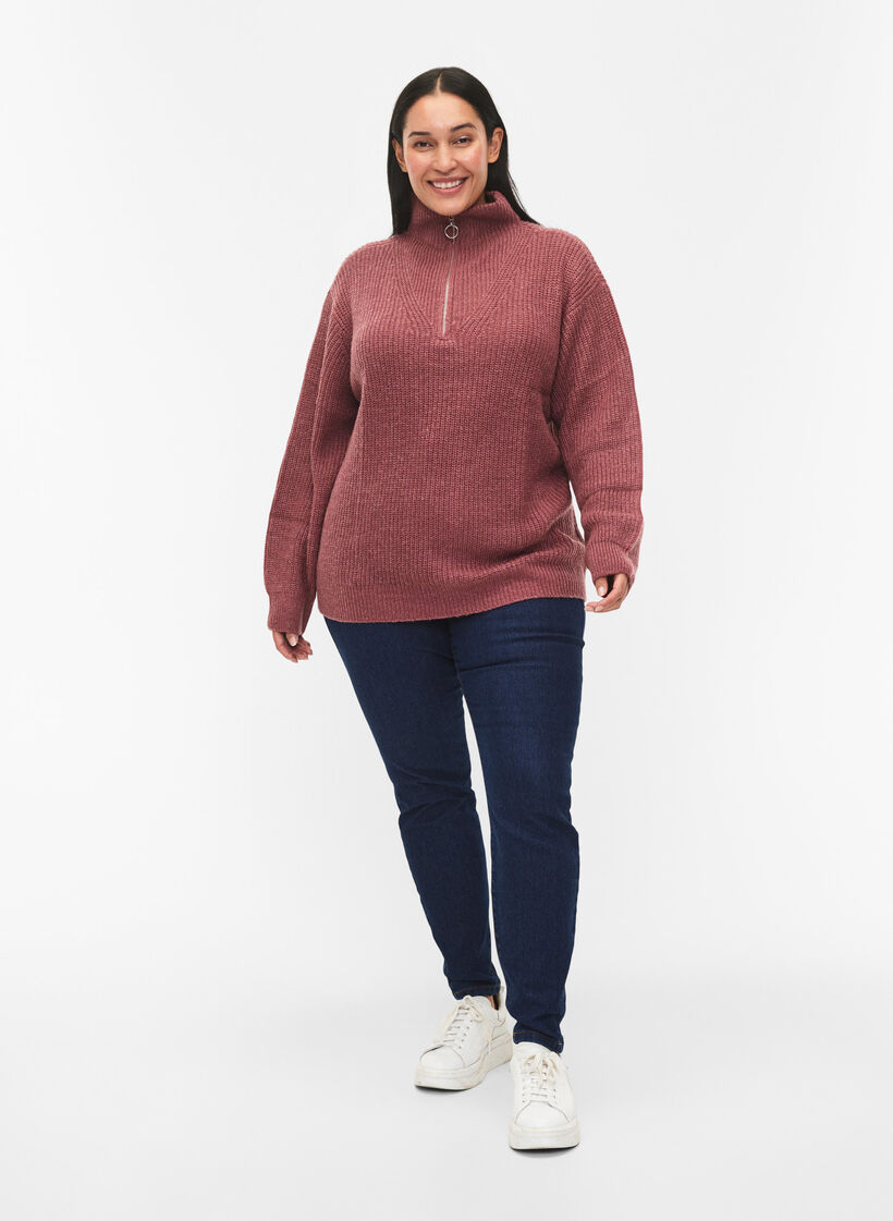Gebreide trui met hoge hals en rits, Rood, Model image number 1