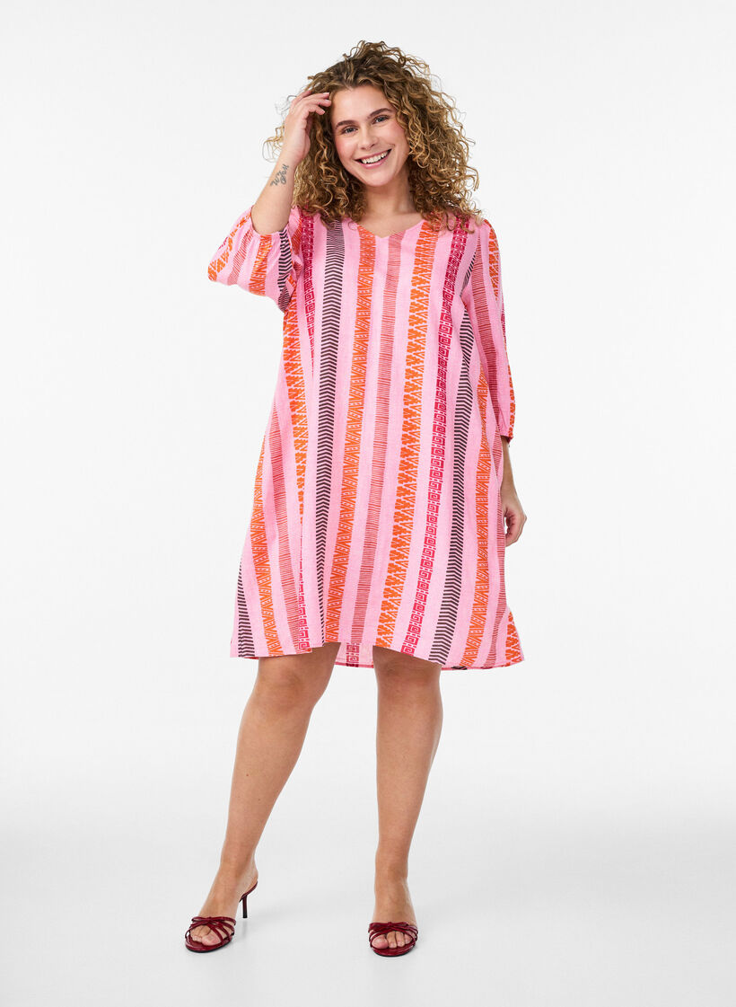 Korte jurk in linnen en viscose met 3/4 mouwen, Roze, Model image number 1