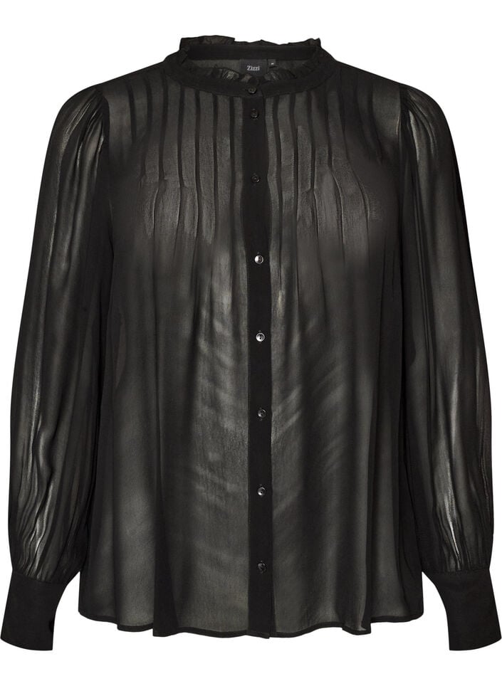 Viscose blouse met een ruchekraag, Zwart, Packshot image number 0