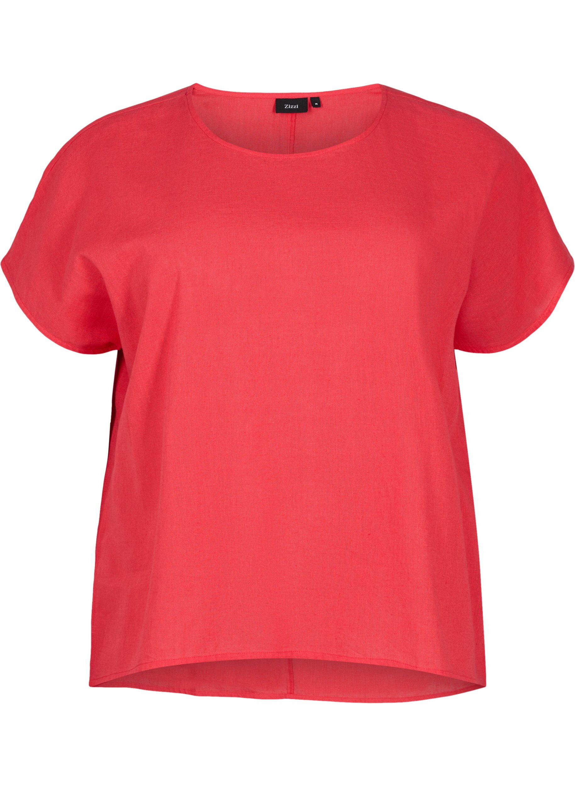 Zizzi Katoenen blouse met korte mouwen van katoenmix met linnen, Hibiscus, Packshot image number 0